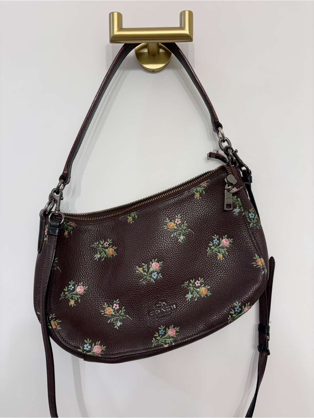 Coach Leather Floral Crossbody Bag Brown Including Long And Short Strap